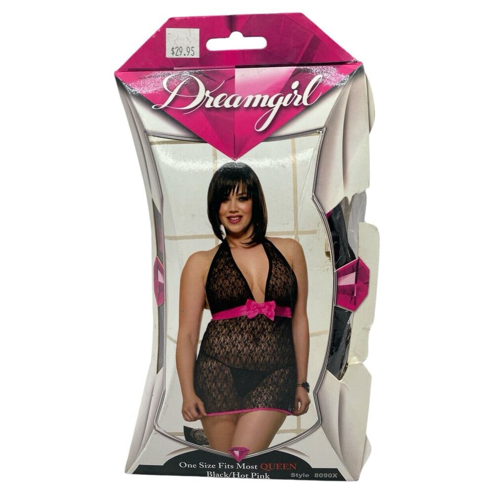Dreamgirl One Size Fits Most Queen Black/Hot Pink Lace Halter Babydoll Halloween